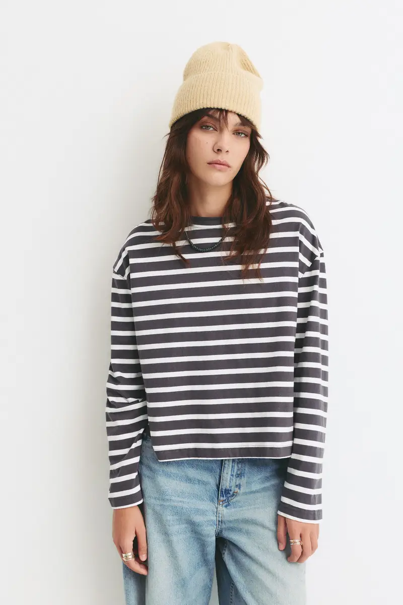 Maglietta Boxy Maniche Lunghe A righe miniatura 3