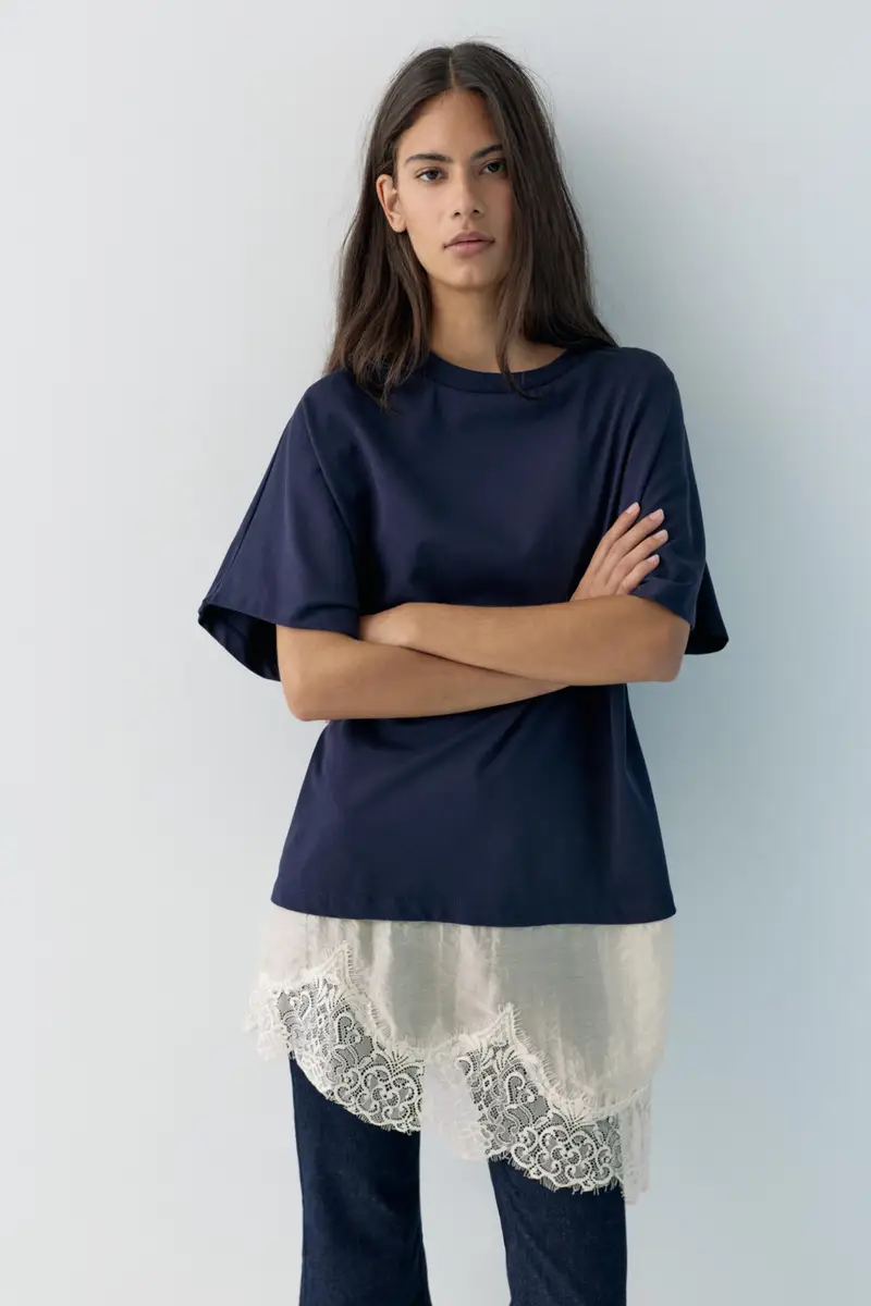 Maglietta Combinata Con Orlo In Pizzo Blu marino miniatura 2