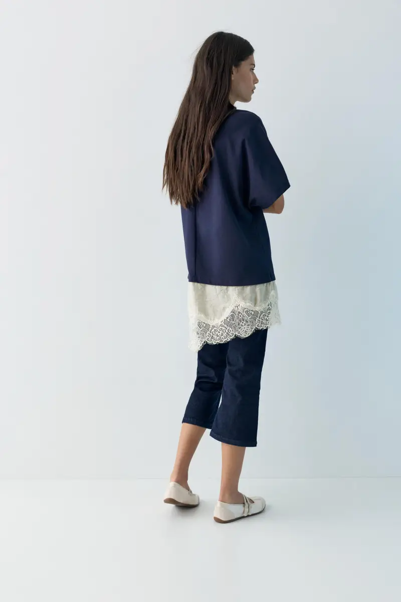 Maglietta Combinata Con Orlo In Pizzo Blu marino miniatura 3