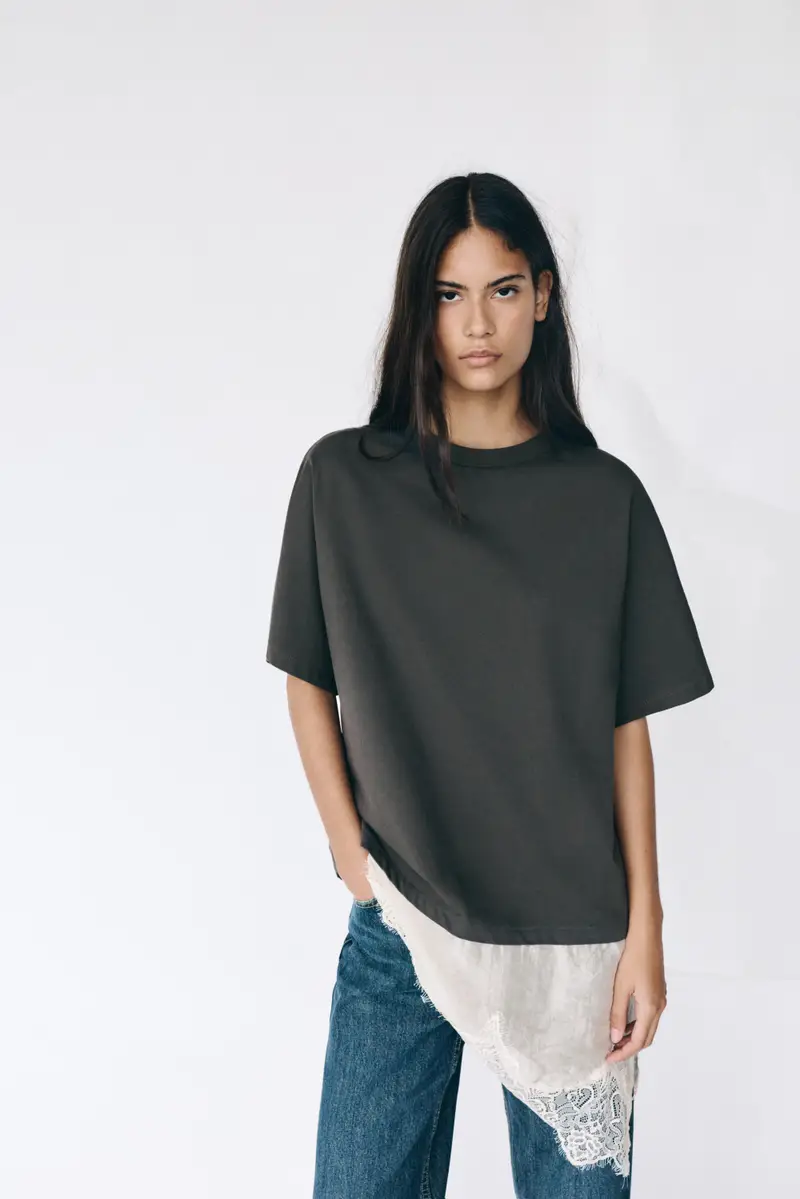 Maglietta Combinata Con Orlo In Pizzo Grigio antracite