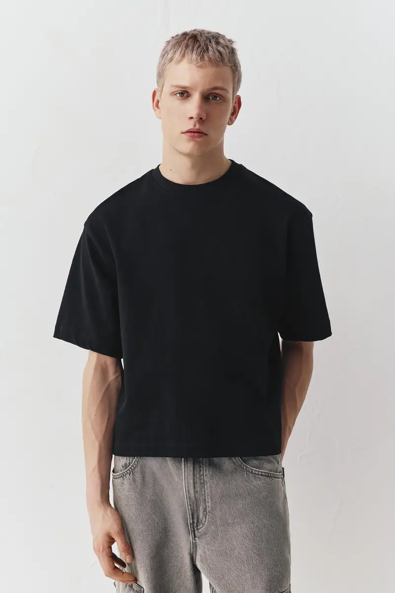 Maglietta Cropped Maniche Corte Nero miniatura 2