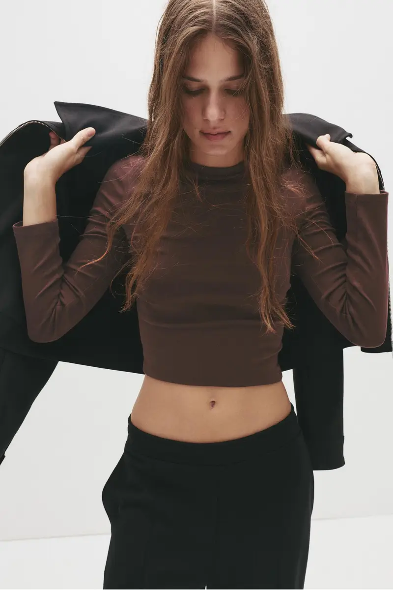 Pull&bear Maglietta Donna Maniche Lunghe Collo Rotondo Marrone