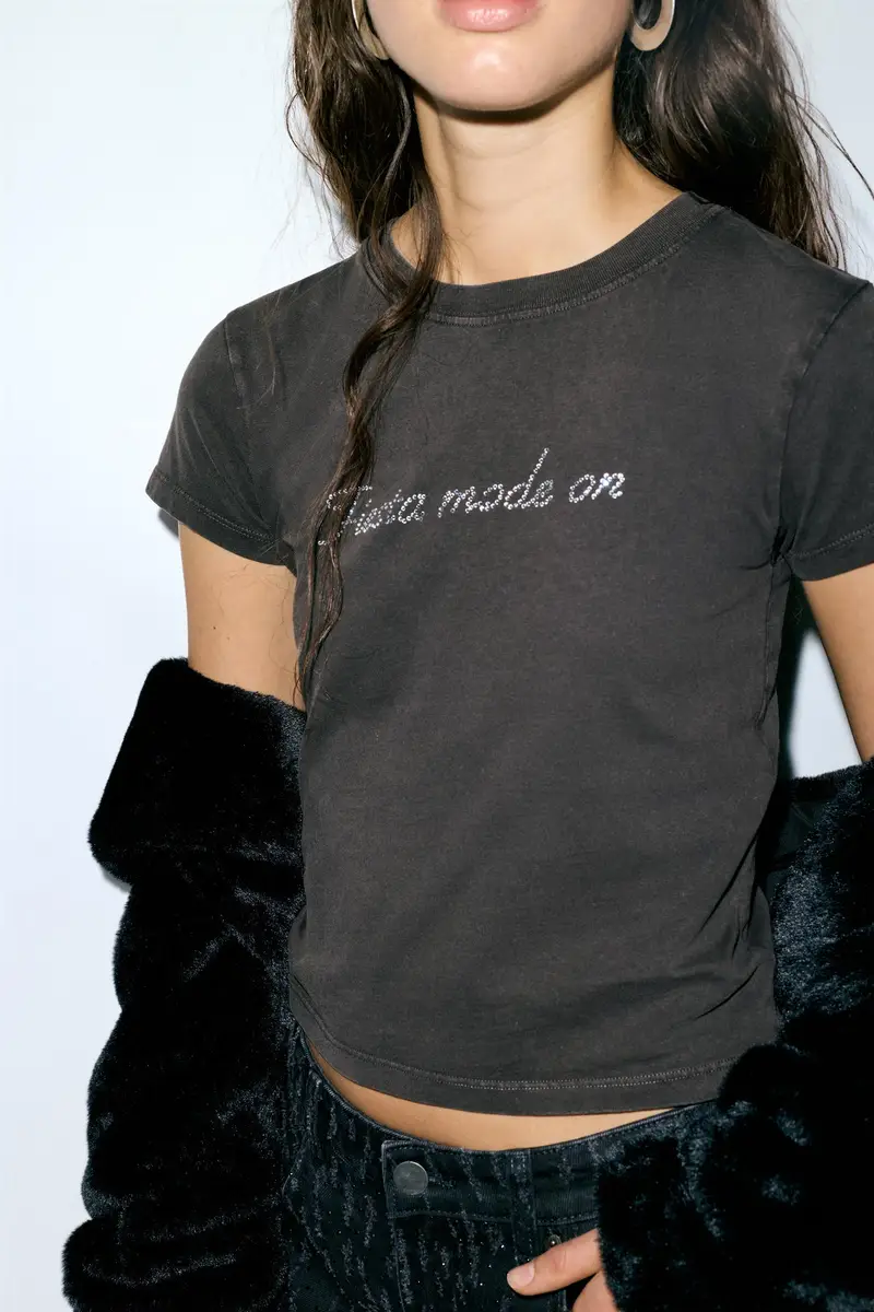 Maglietta Nera Strass Nero lavato miniatura 3