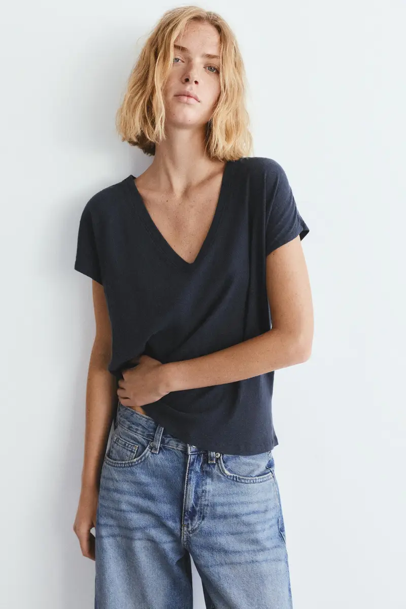 Maglietta Scollo A V Con Lino Grigio medio