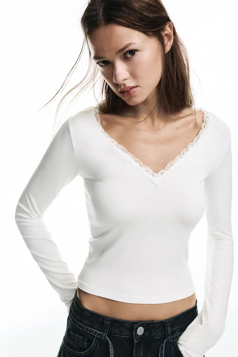 Maglietta Scollo Pizzo Bianco rotto miniatura 3