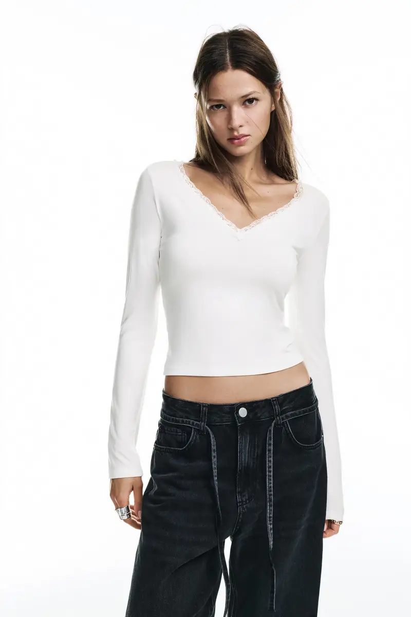 Maglietta Scollo Pizzo Bianco rotto