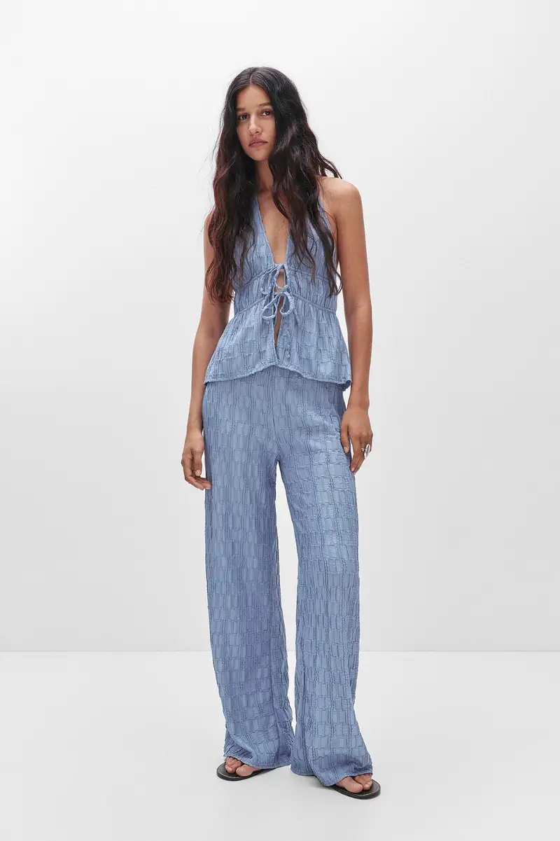 Pantaloni A Campana Texturizzati Azzurro