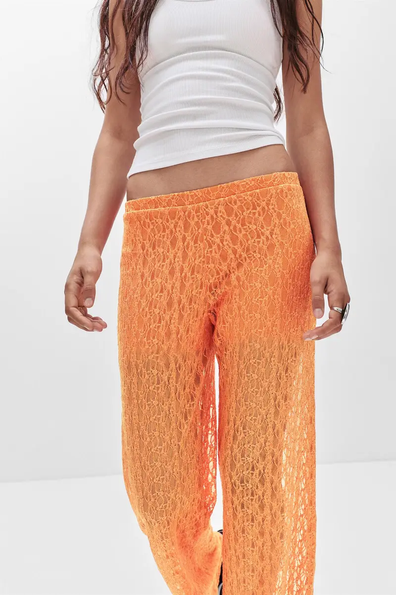 Pantaloni A Gamba Larga In Pizzo Arancione miniatura 3