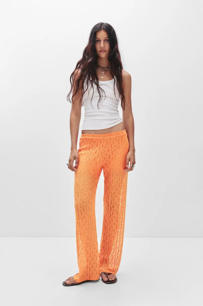 Pantaloni A Gamba Larga In Pizzo Arancione