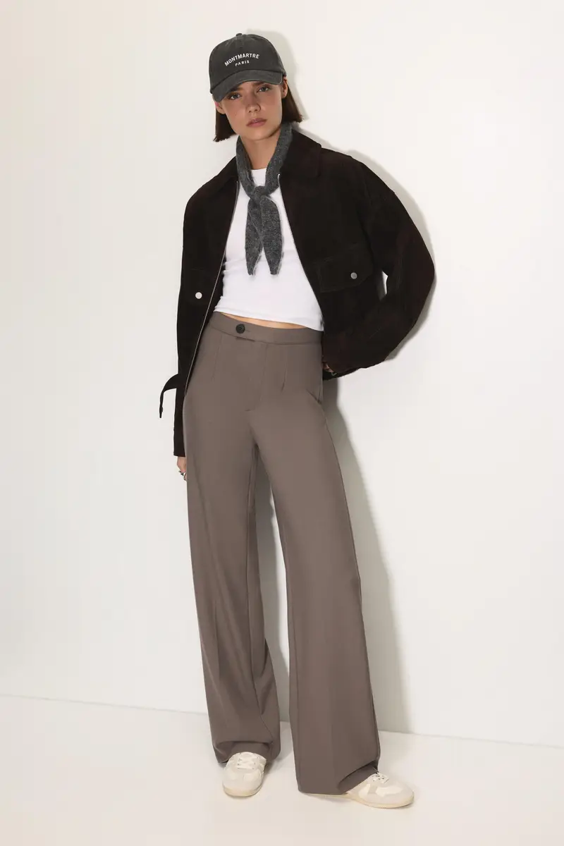 Pantaloni Eleganti A Vita Alta Con Pinces Grigio topo