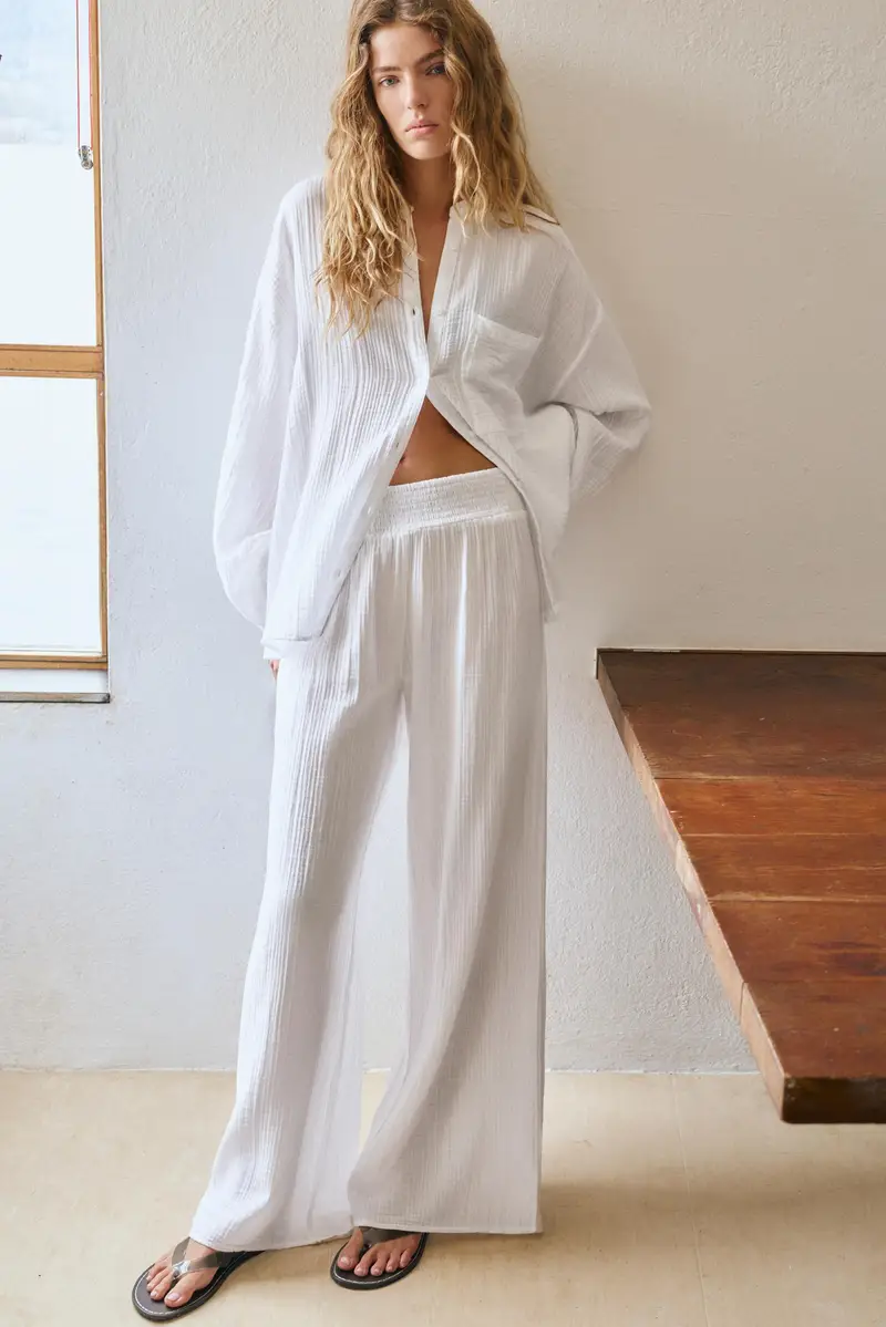 Pantaloni Fluidi Effetto Garza Bianco