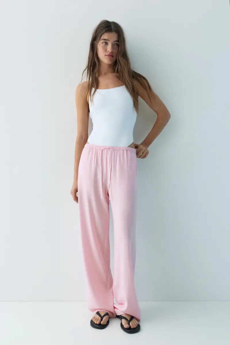 Pantaloni Fluidi In Lino Rosa pastello miniatura 2