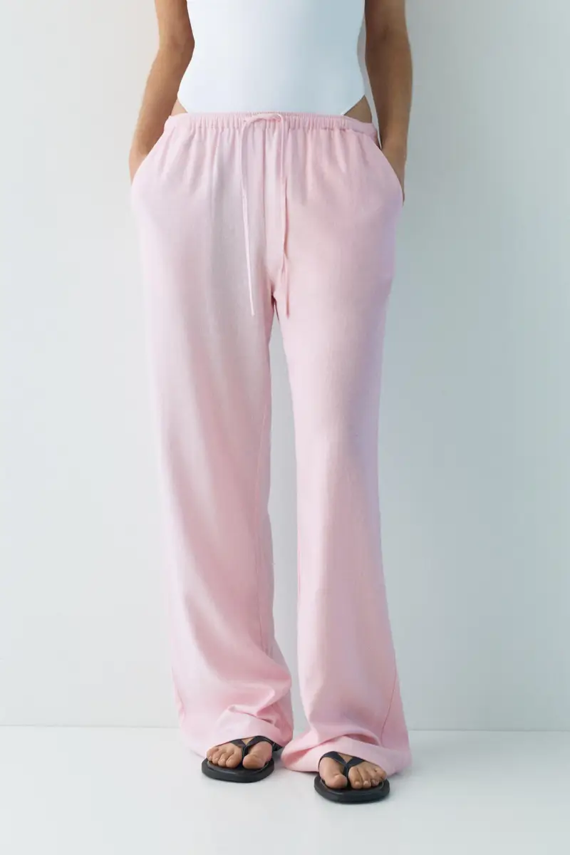 Pantaloni Fluidi In Lino Rosa pastello miniatura 3
