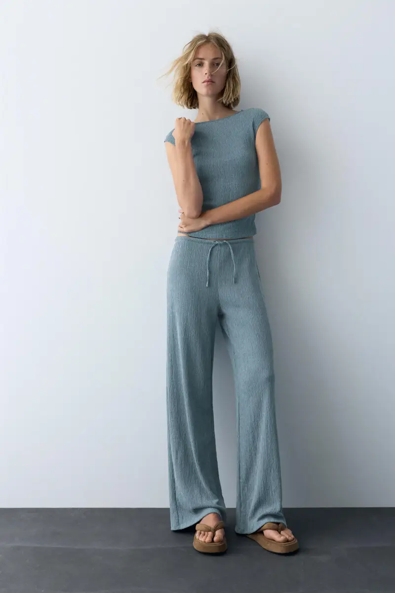 Pantaloni Gamba Larga Bambula Azzurro medio