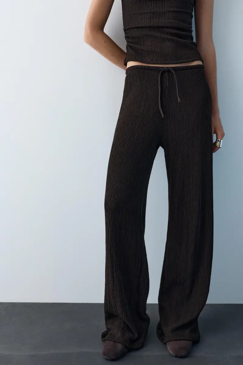 Pantaloni Gamba Larga Bambula Marrone miniatura 3