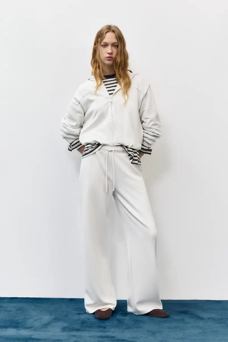 Pantaloni Gamba Larga Con Modal Beige