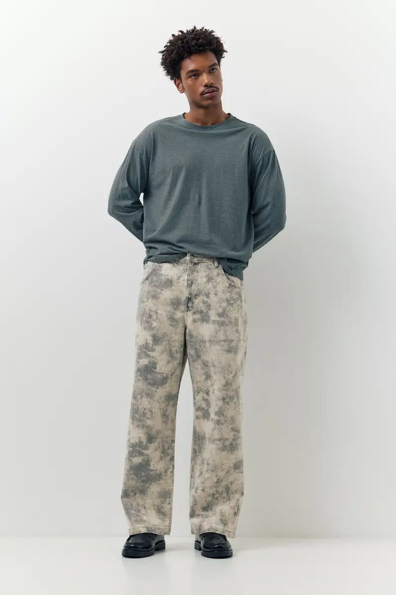 Pantaloni Gamba Larga Con Stampa Grigio