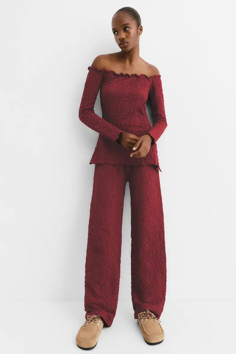 Pantaloni Gamba Larga Effetto Stropicciato Granata chiaro