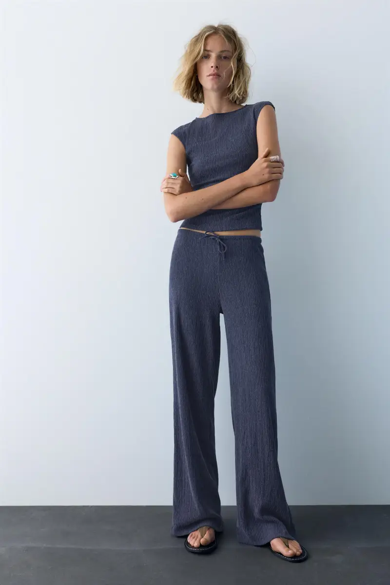 Pantaloni Gamba Larga In Bambula Blu marino