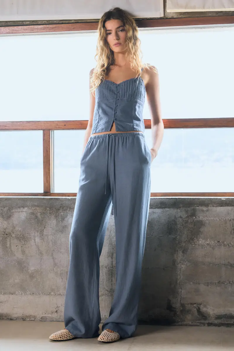 Pantaloni Jogger In Lino Azzurro
