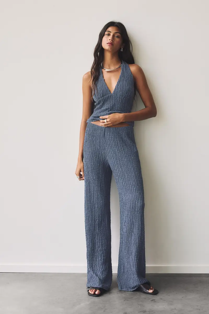 Pantaloni Misto Lino Effetto Stropicciato Blu marino