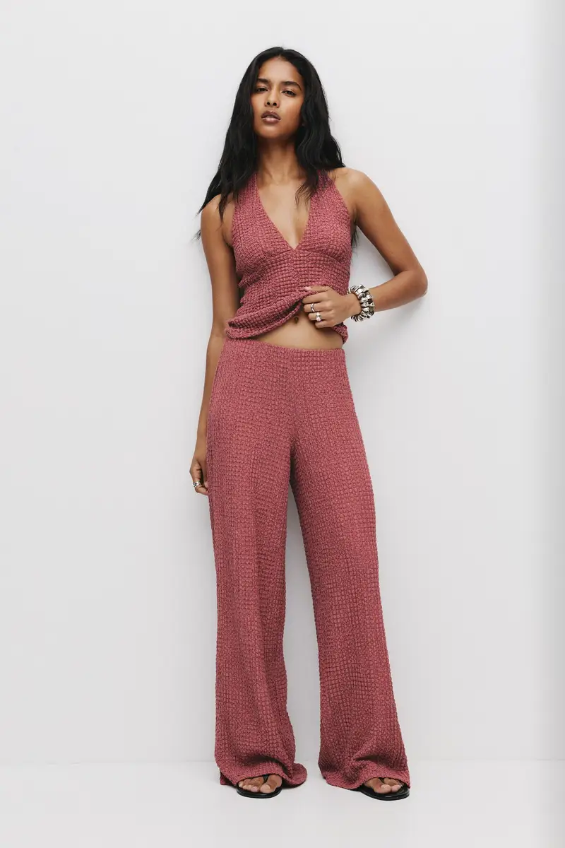 Pantaloni Misto Lino Effetto Stropicciato Burgundy