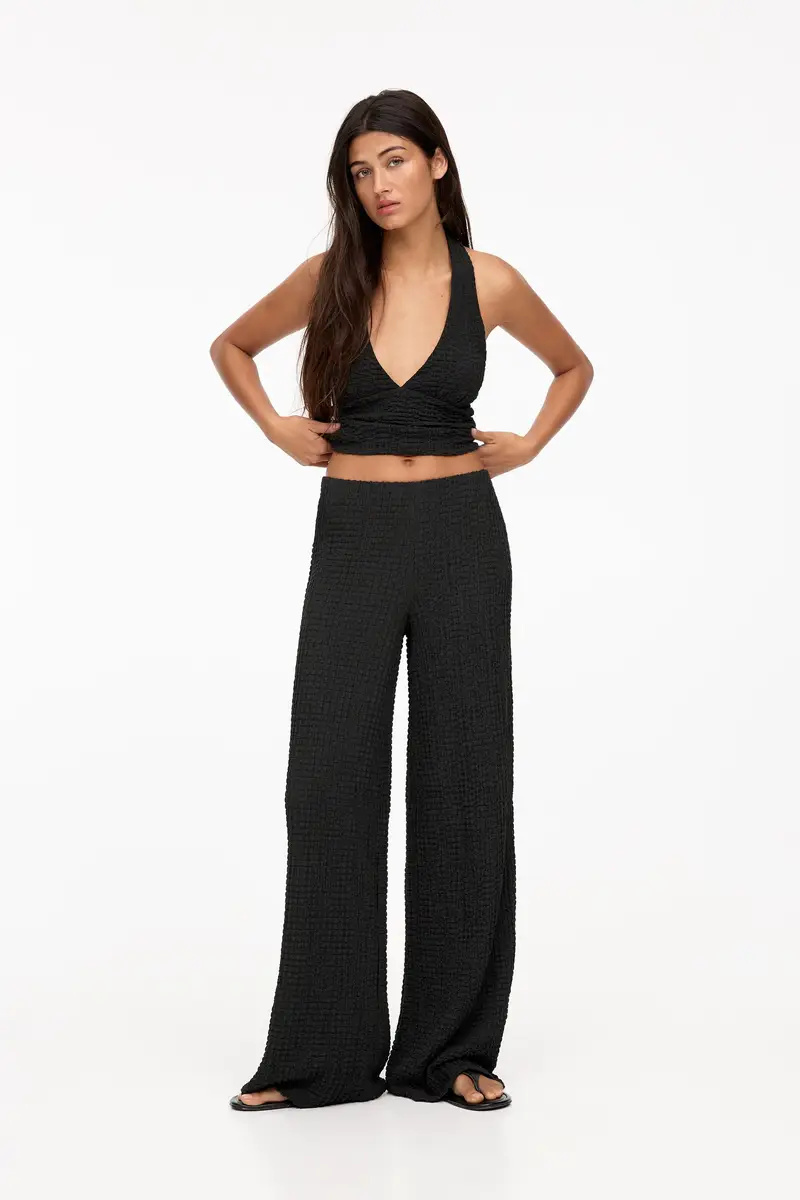 Pantaloni Misto Lino Effetto Stropicciato Nero