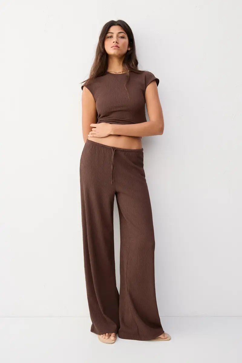 Pantaloni Wide Leg In Crêpe Marrone