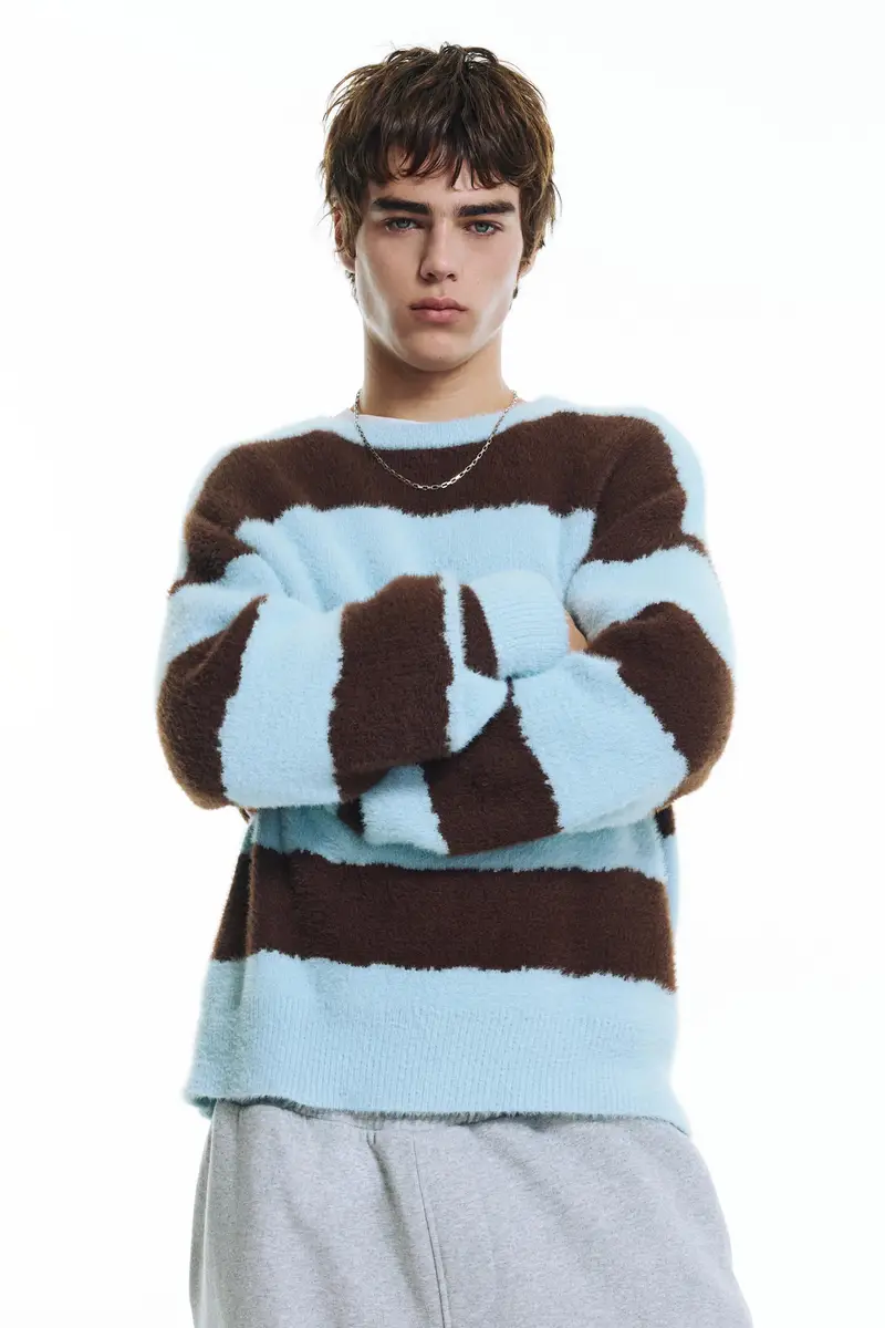 Pull&bear Pullover a Righe Celeste e Marrone