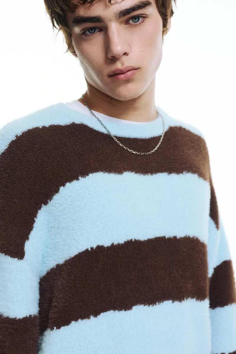 Pull&bear Pullover a righe celeste e marrone miniatura 3