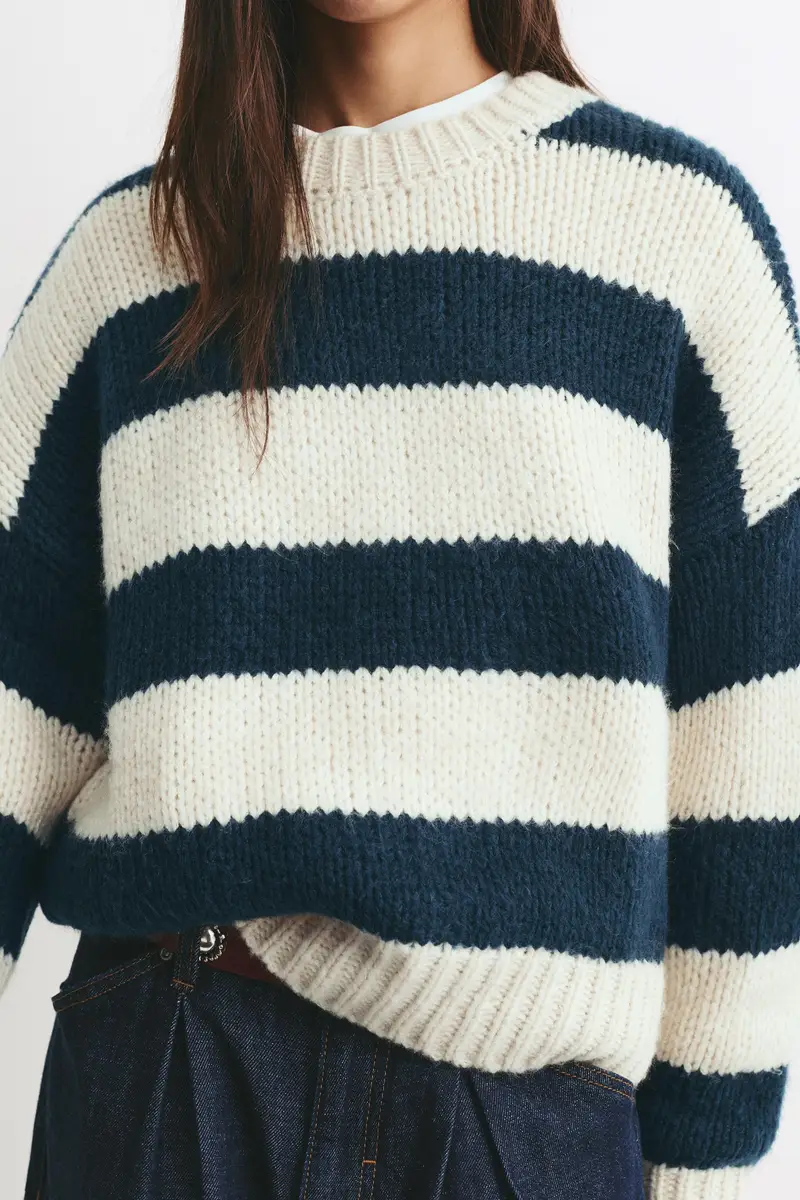 Pullover A Righe In Maglia Spessa Blu marino miniatura 3