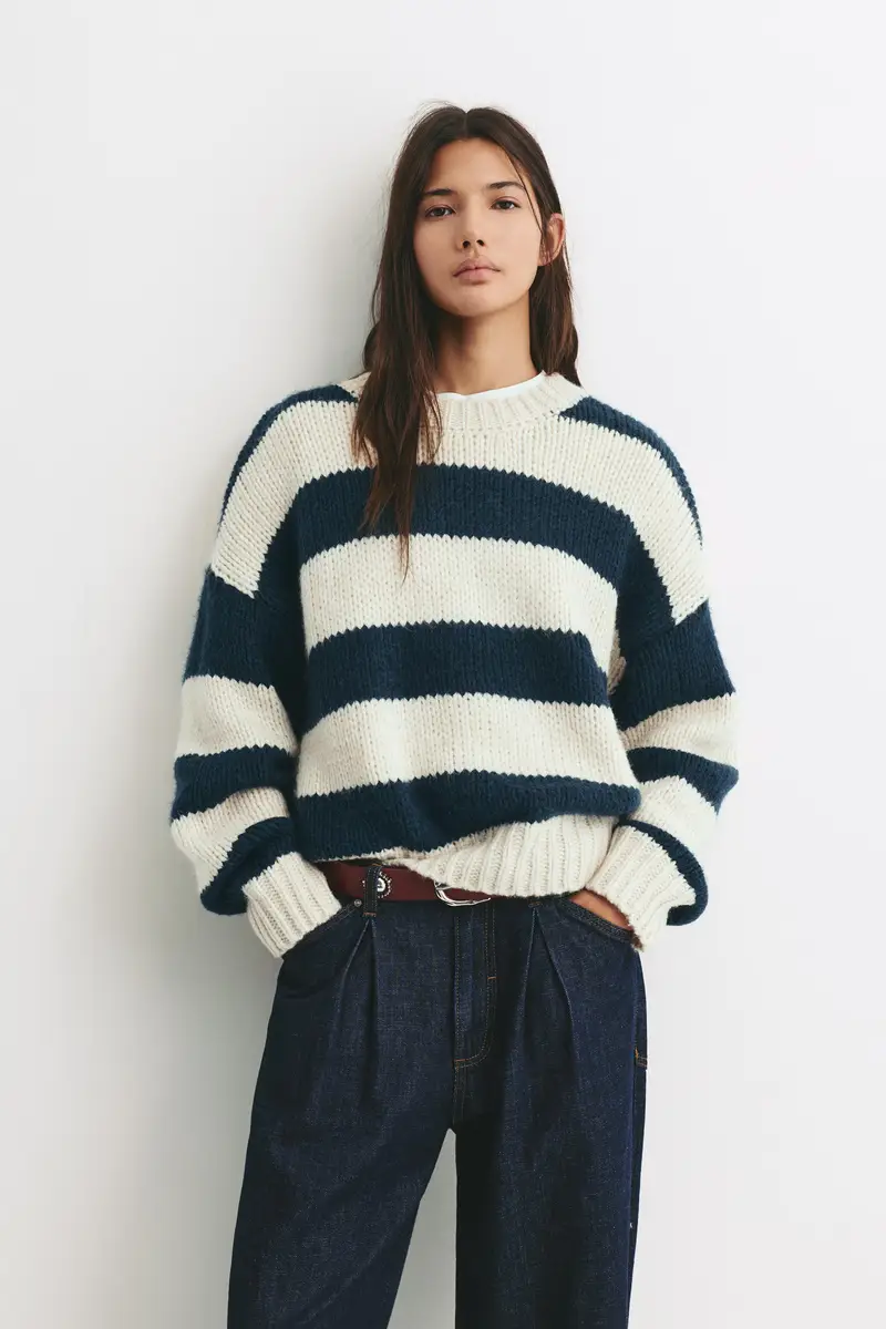 Pullover A Righe In Maglia Spessa Blu marino
