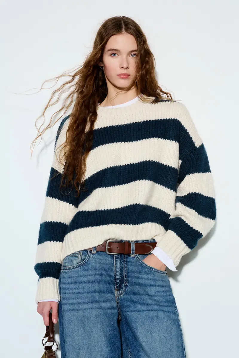 Pullover A Righe In Maglia Spessa Blu marino miniatura 2