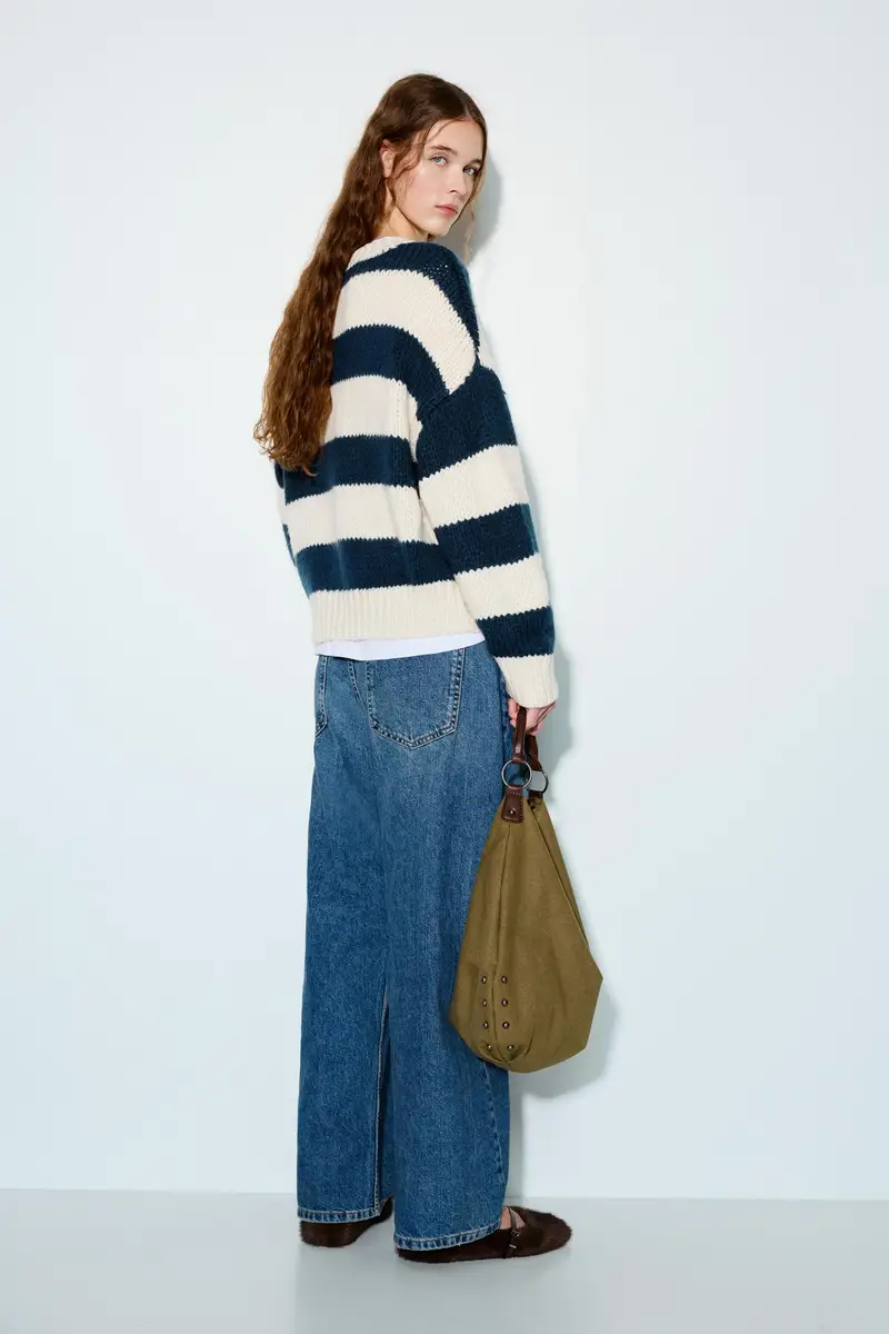 Pullover A Righe In Maglia Spessa Blu marino miniatura 3