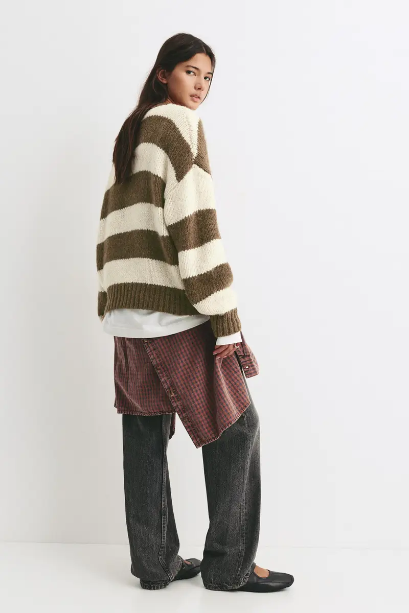 Pullover A Righe In Maglia Spessa Marrone miniatura 2