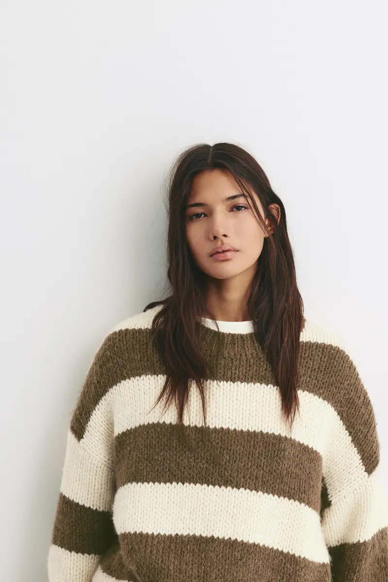 Pullover A Righe In Maglia Spessa Marrone miniatura 3