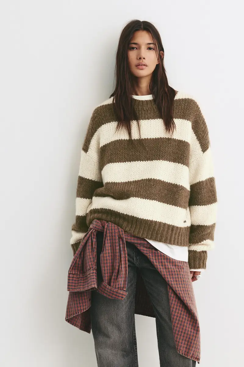 Pullover A Righe In Maglia Spessa Marrone