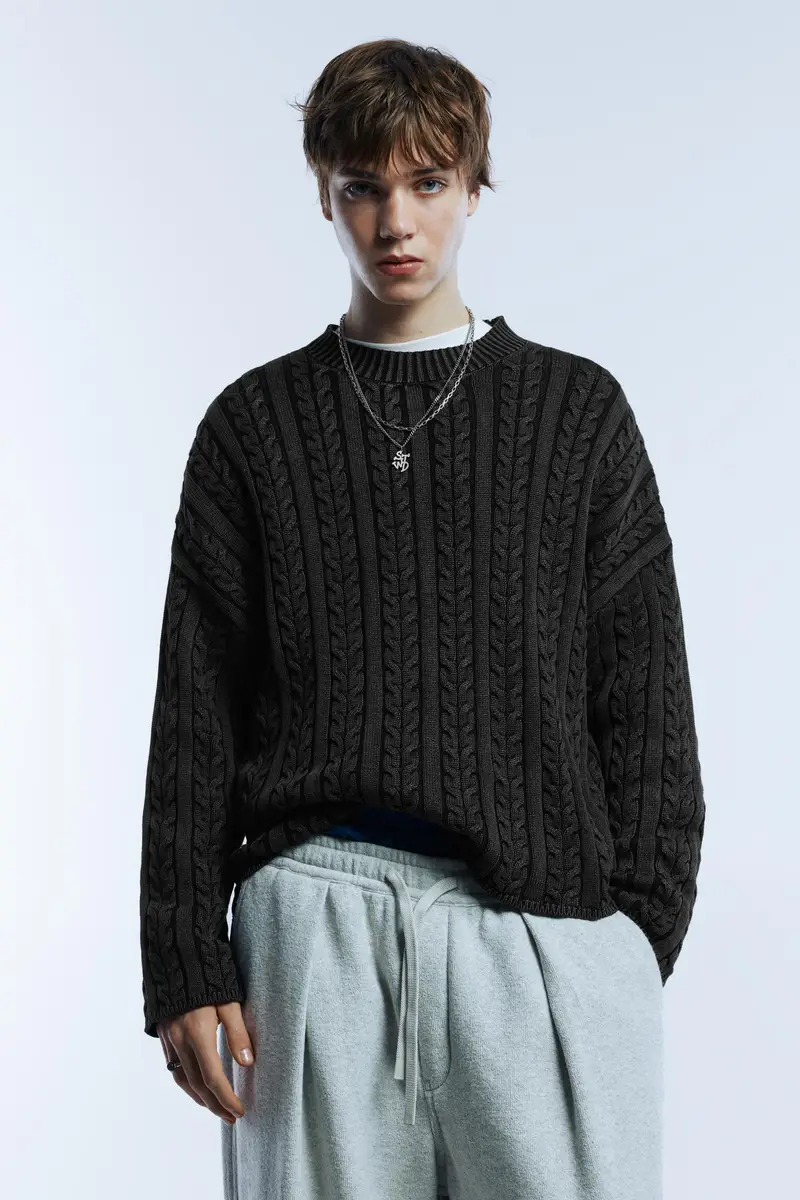 Pullover A Trecce Lavaggio Acido Nero lavato miniatura 2