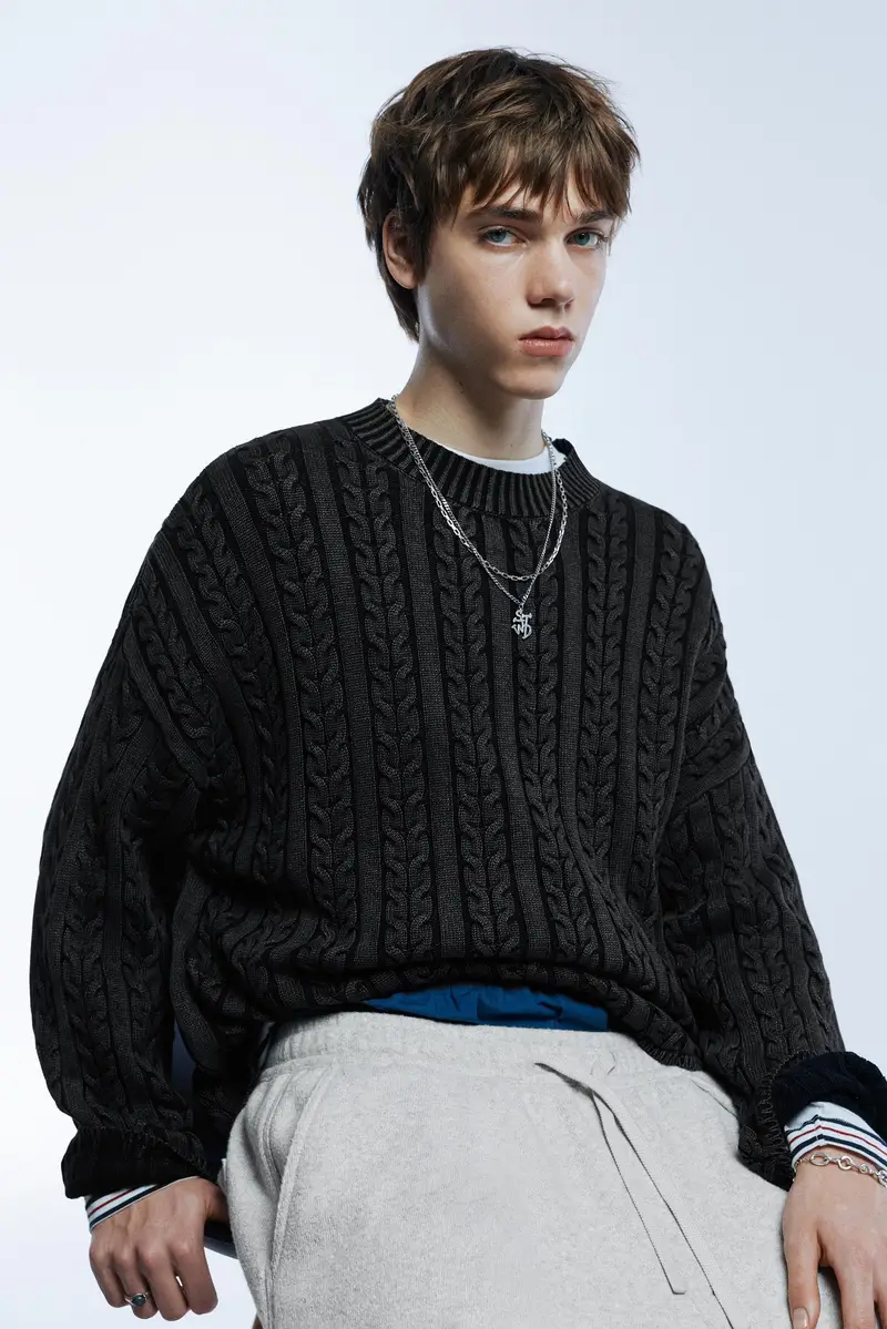 Pullover A Trecce Lavaggio Acido Nero lavato