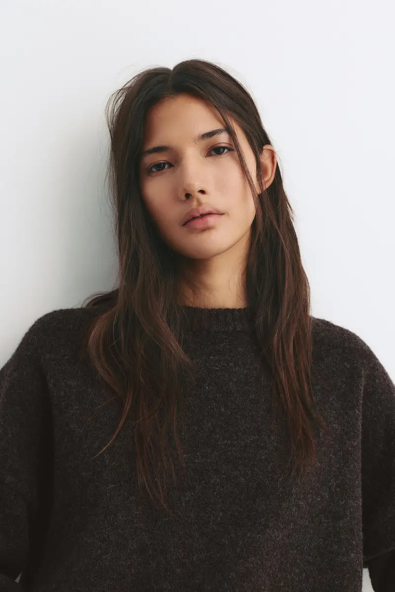 Pullover Basic In Maglia Marrone oscuro miniatura 3