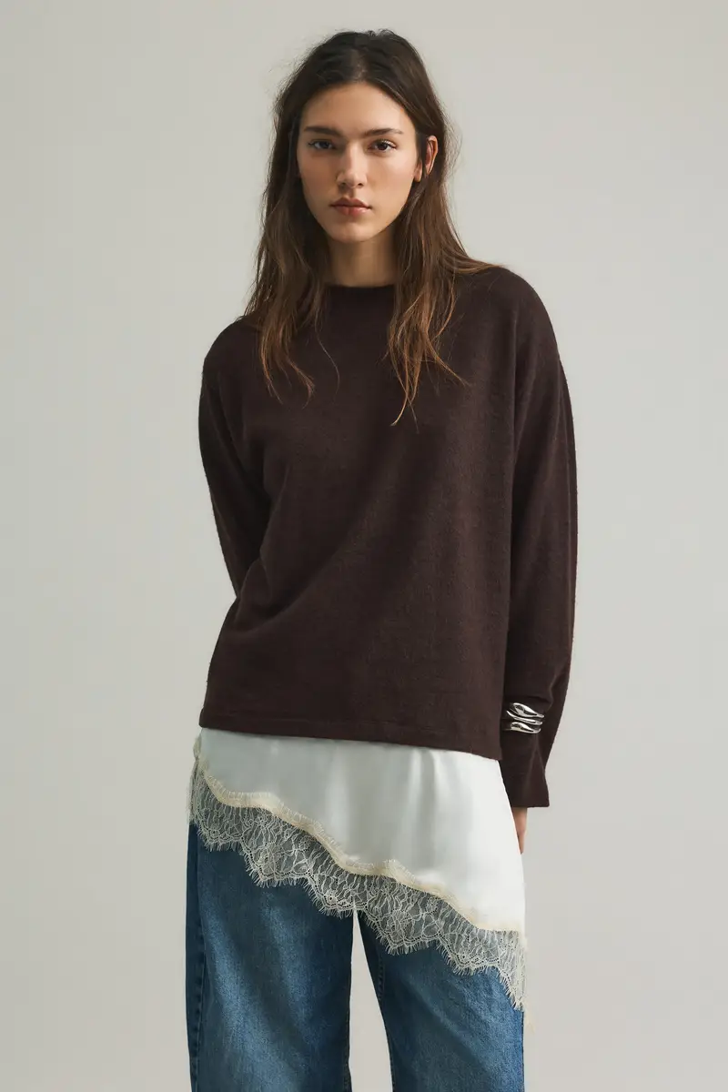 Pullover Sottile In Pizzo Combinato Marrone miniatura 2