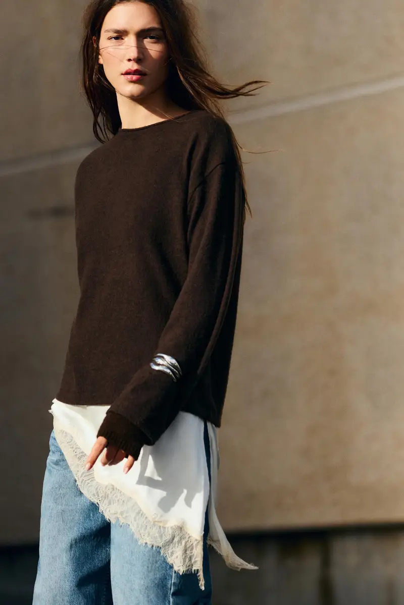 Pullover Sottile In Pizzo Combinato Marrone