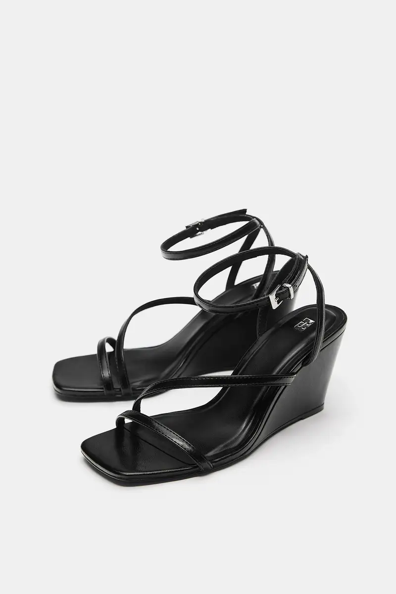 Sandali Zeppa Con Fascette Nero miniatura 3