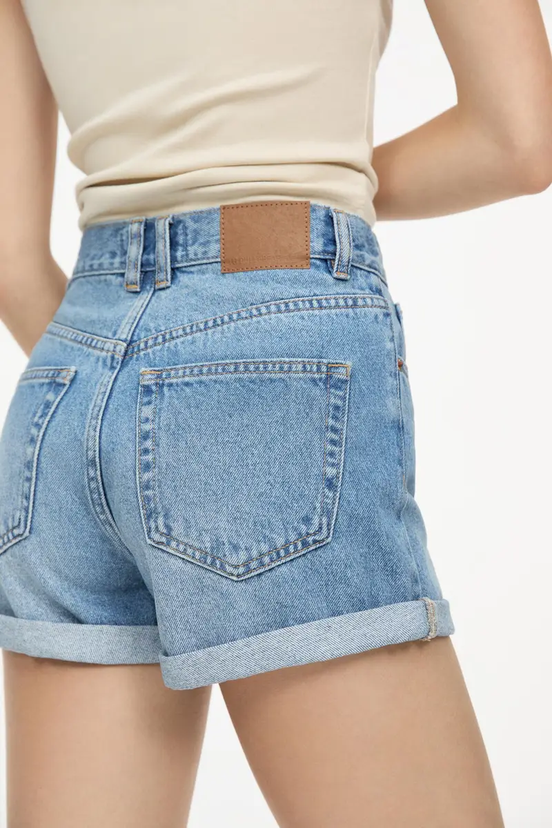 Short In Denim Mom Fit Con Risvolto Azzurro medio miniatura 3
