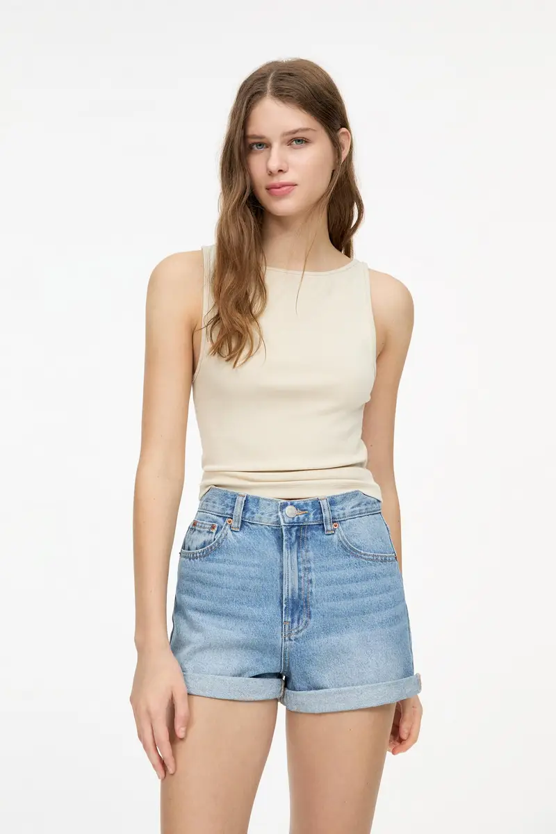 Short In Denim Mom Fit Con Risvolto Azzurro medio