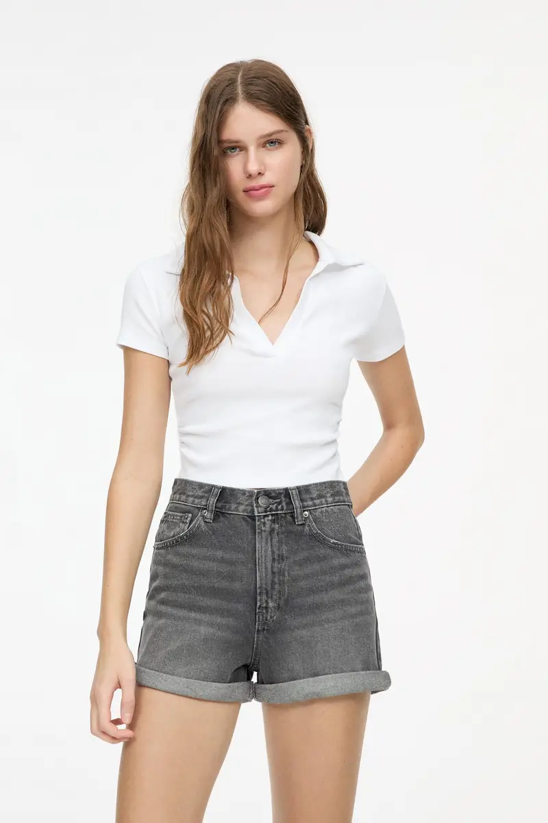 Short In Denim Mom Fit Con Risvolto Grigio