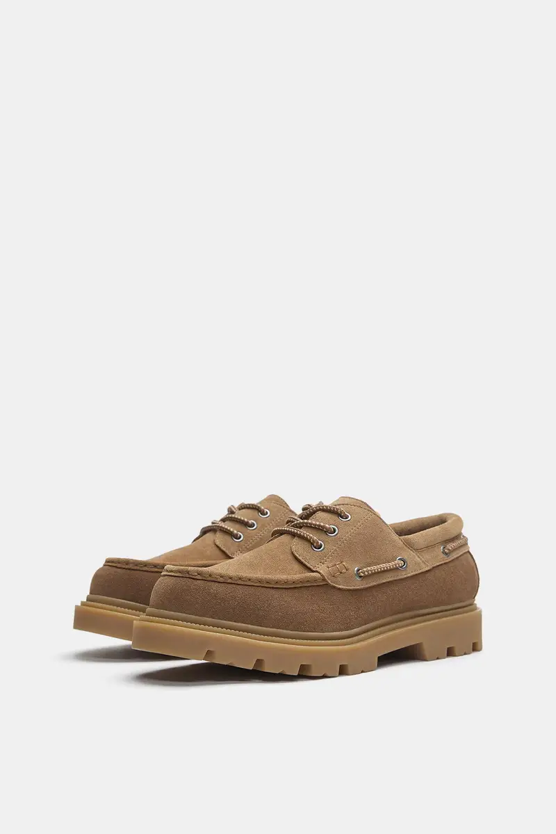 Sneakers Nautiche In Pelle Voluminose Marrone miniatura 3