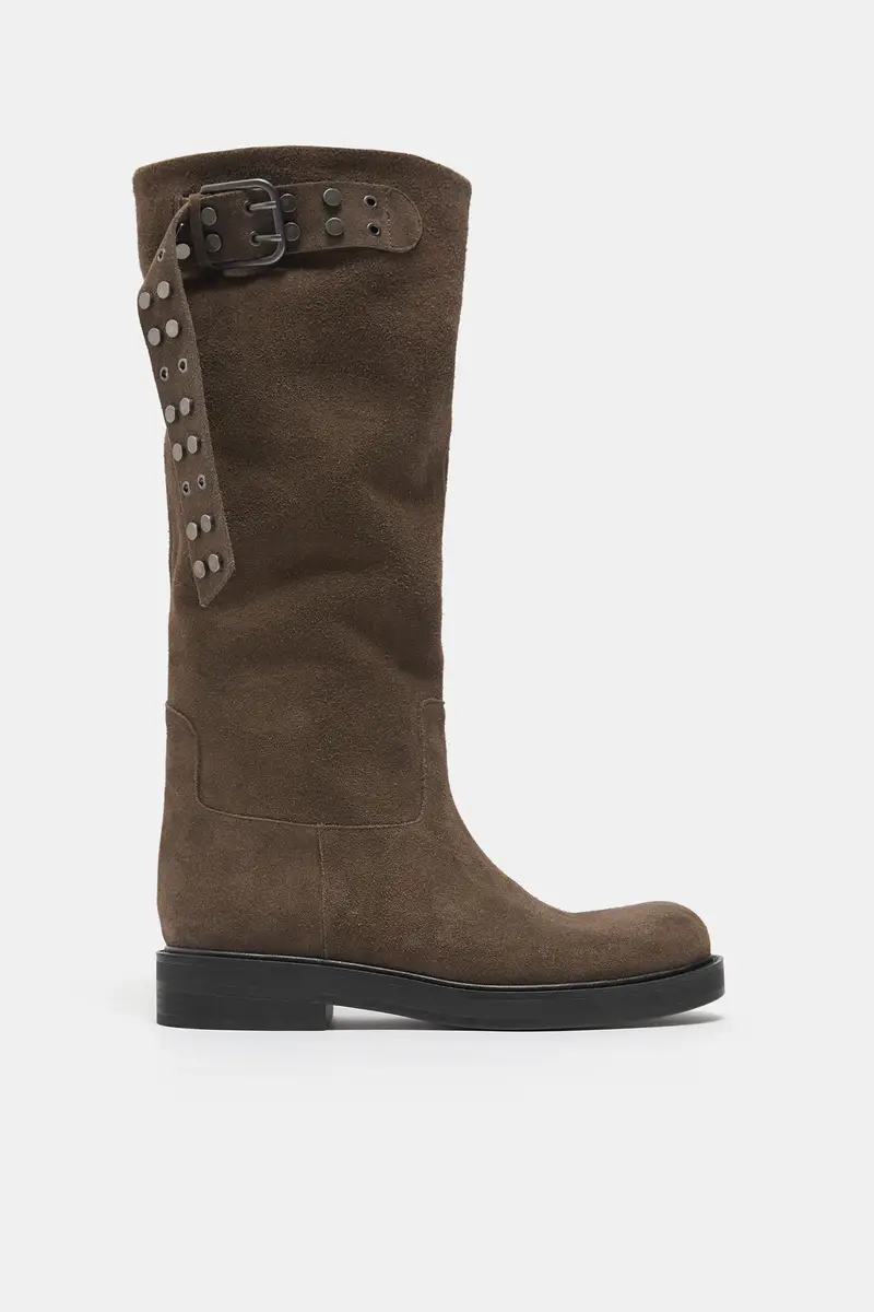 Stivali Alti Con Fibbia In Pelle Taupe miniatura 2