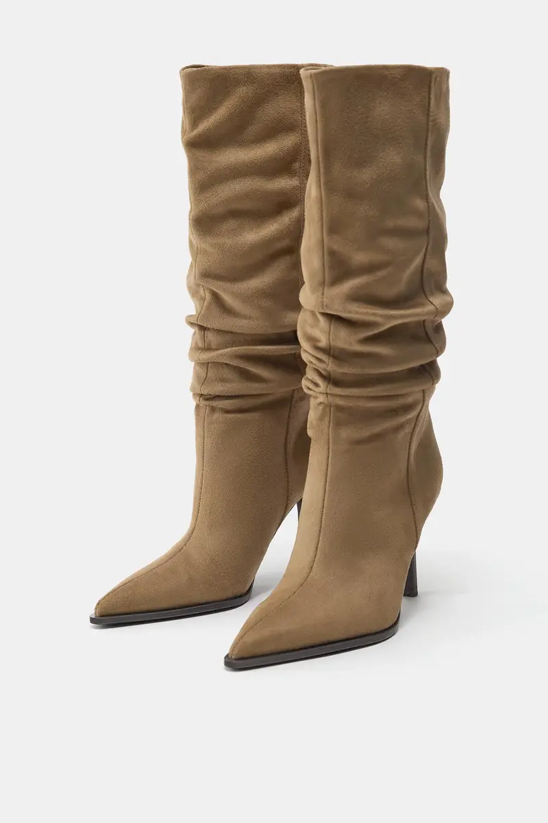 Stivali Alti Con Tacco Arricciato Sabbia miniatura 3