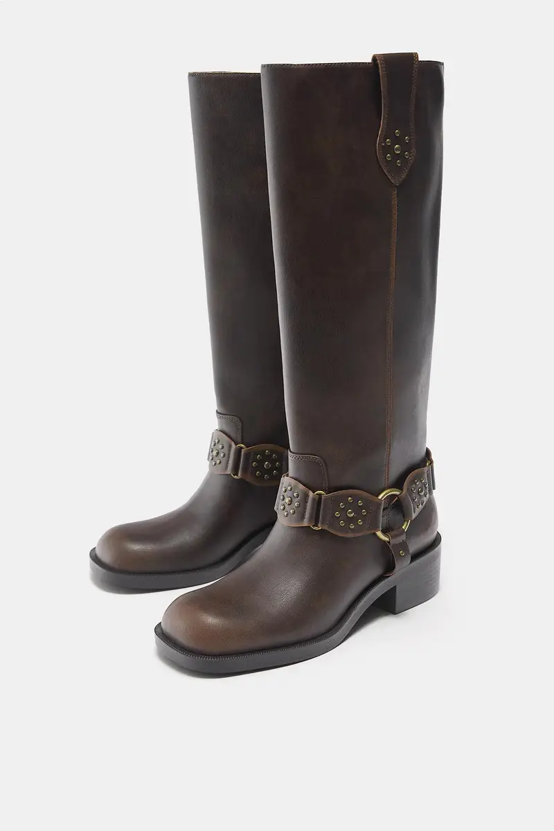 Stivali Biker Con Borchie Marrone miniatura 3